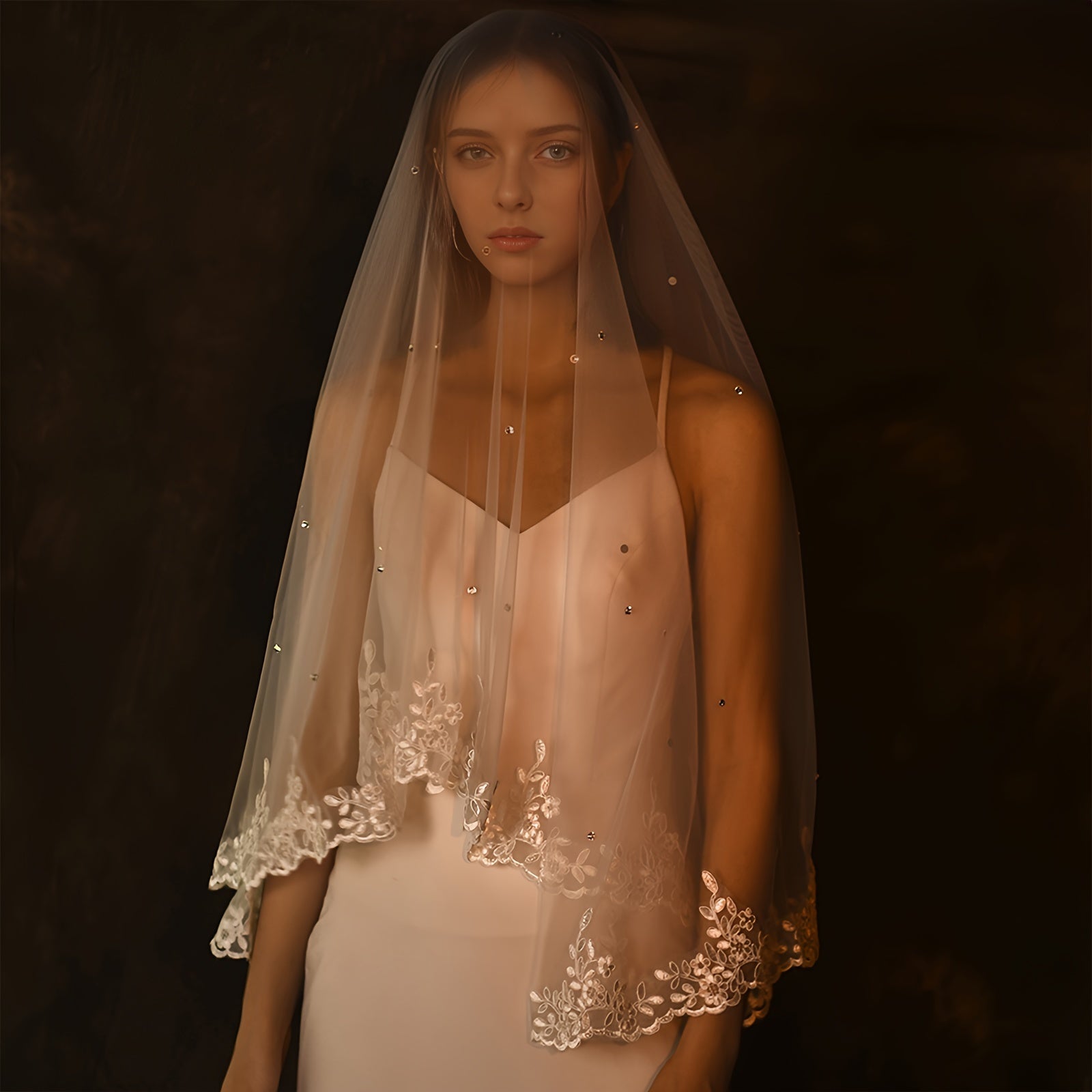 White Short Embroidered Wedding Veil for Bride with Hair Comb Not Included