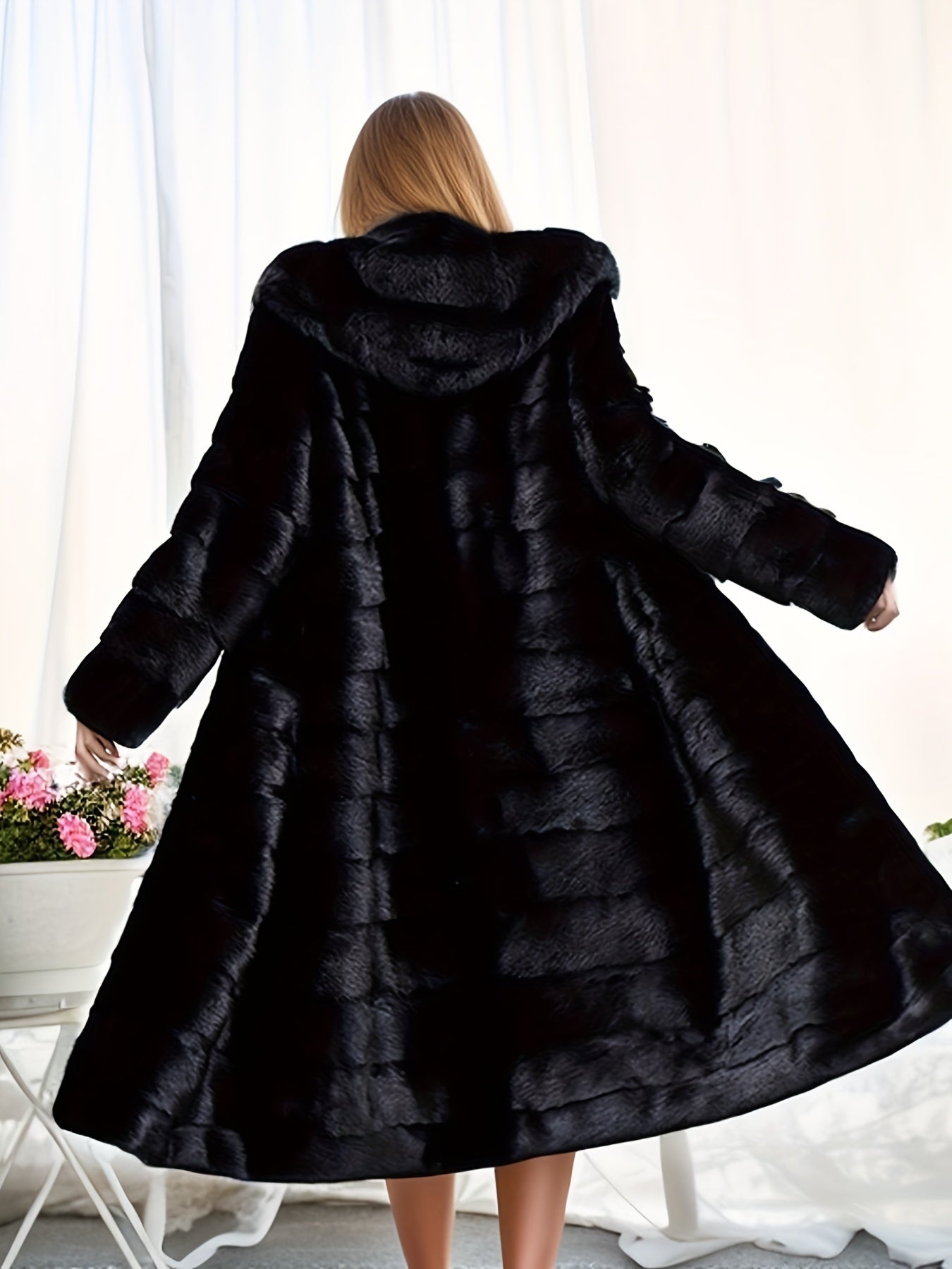 Plus Size Faux Fur Coat with Pockets and Hood for Winter
