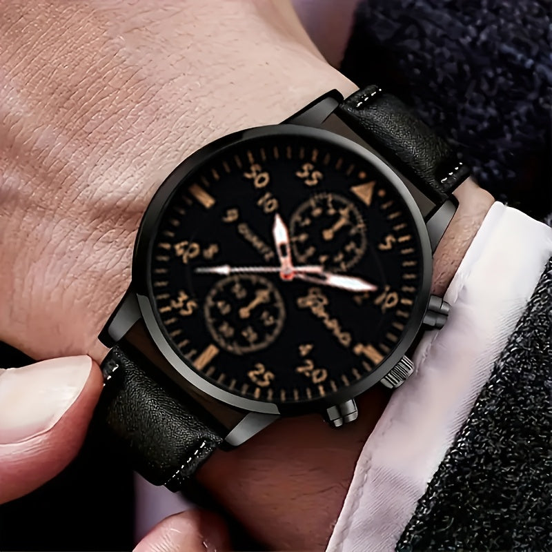 Set de reloj de cuarzo para hombre, 8 piezas, caja de aleación resistente a golpes, correa de cuero sintético, casual