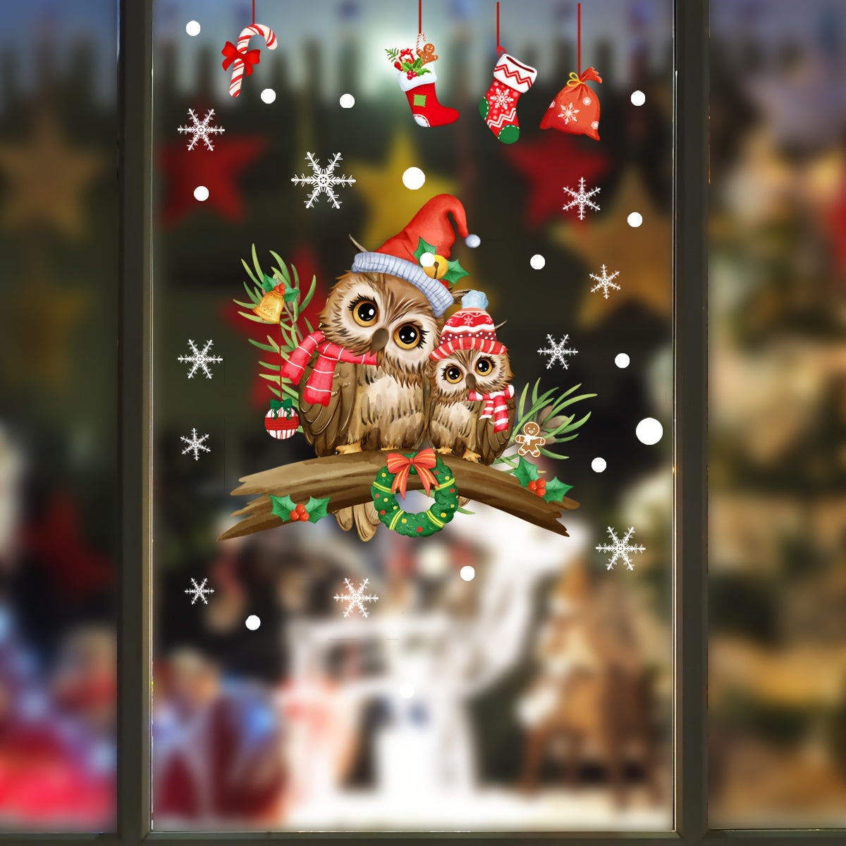 Christmas Owl Window Decals Vinyl Holiday Decor 30x35cm Double-Sided