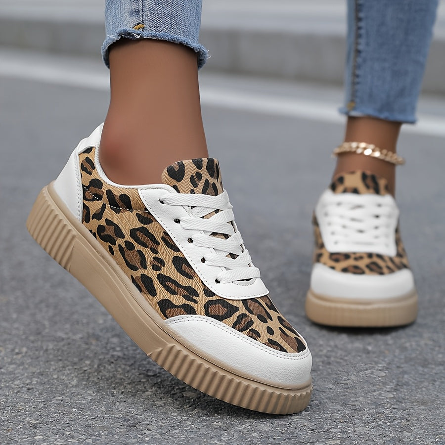 Women's Leopard Print Sneakers Casual Low Top Stain-Resistant Lace-Up EVA Rubber Insole