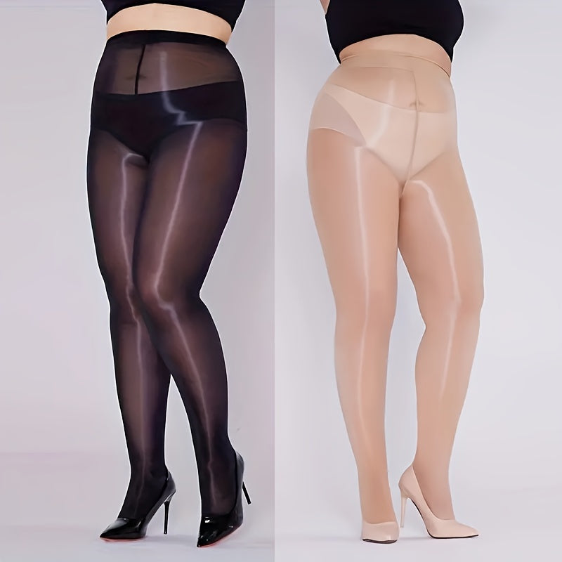 Plus Size Women's High Waist Shiny Pantyhose Tights for Fall Slimming Hosiery 2 Pack