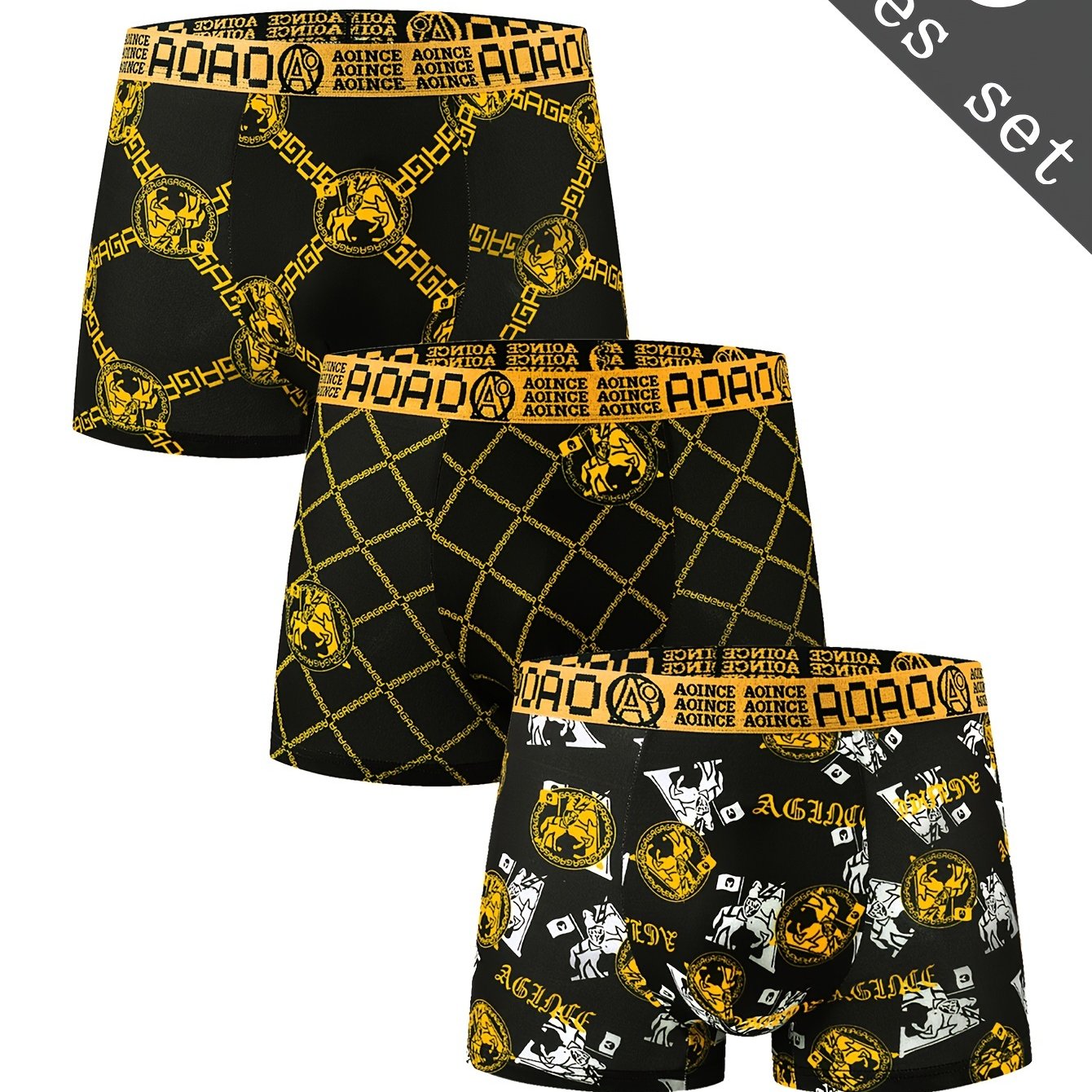 3 ta erkaklar uchun zamonaviy boxer shortlar to'plami, qora va oltin zanjir printi bilan, sport uchun tez quriydigan va nafas oladigan.