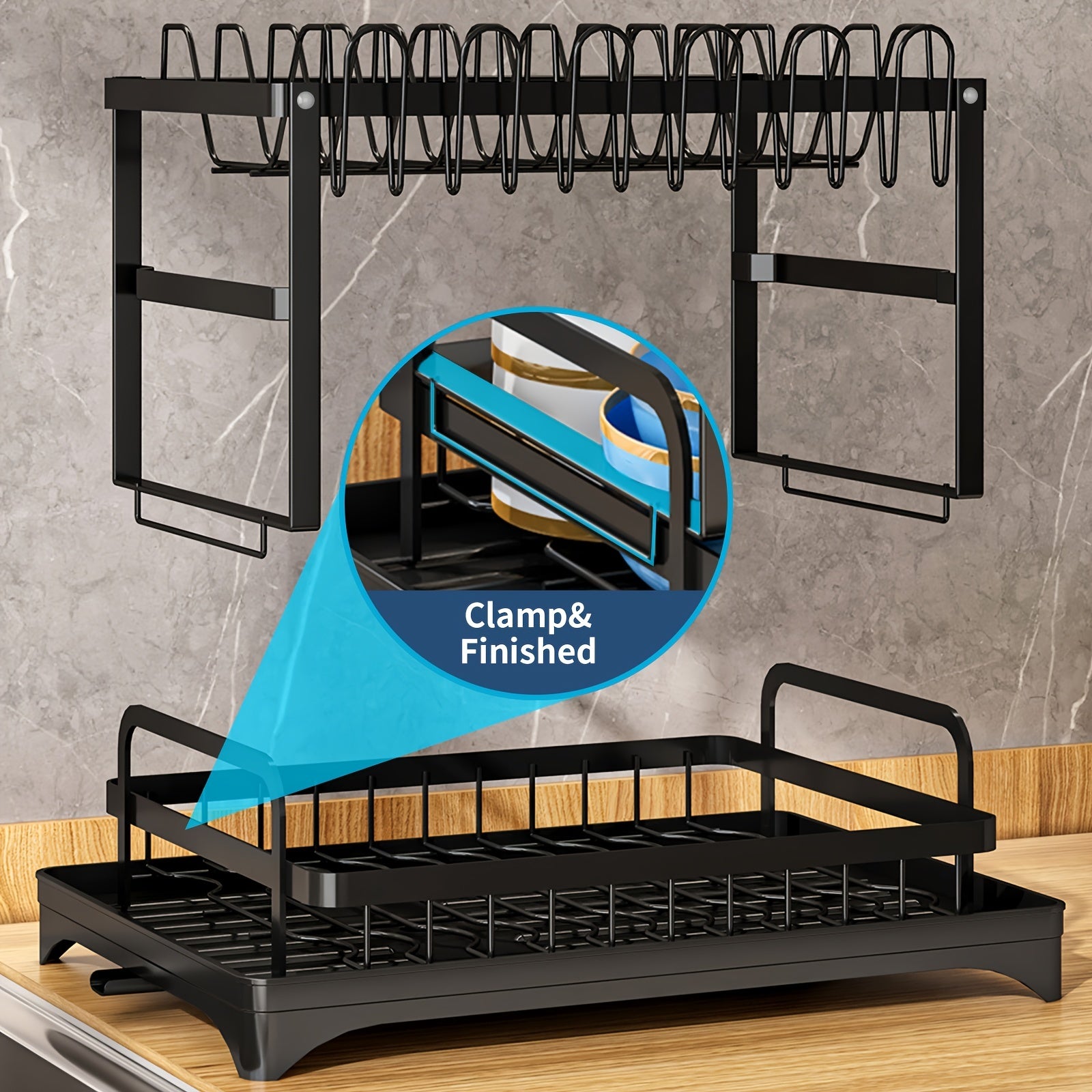 Dish Drying Rack Two-Tier with Drainboard Utensil and Cup Holders White Black