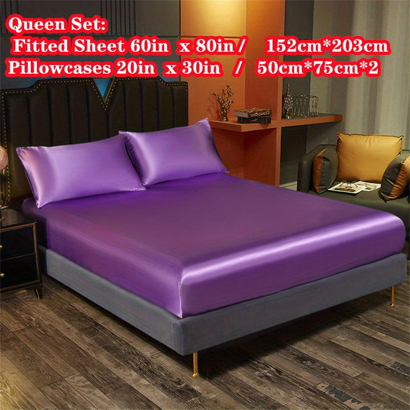 Satin Bedding Set 3 Pieces Fitted Sheet and Pillowcases Solid Color