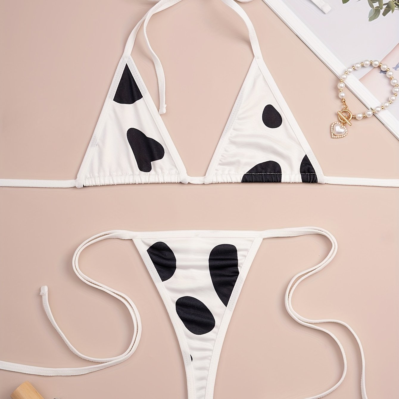 Cow Neck Strap Lingerie Set for Women, Adjustable, Satin