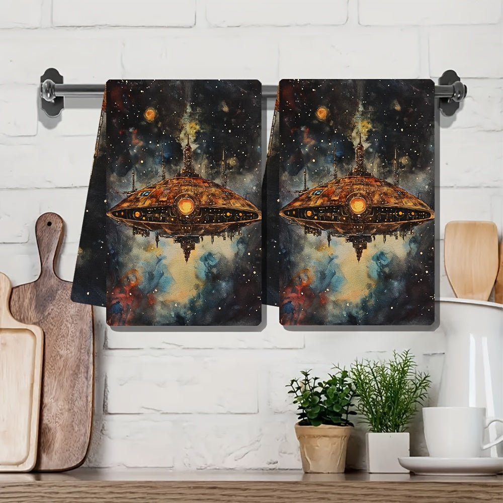 Set of 2 Coastal Spaceship Kitchen Towels 40x60cm Absorbent Polyester