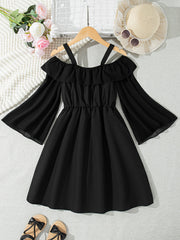 Girls Black Chiffon Dress with Off-Shoulder Ruffle Detail for Summer Casual Wear