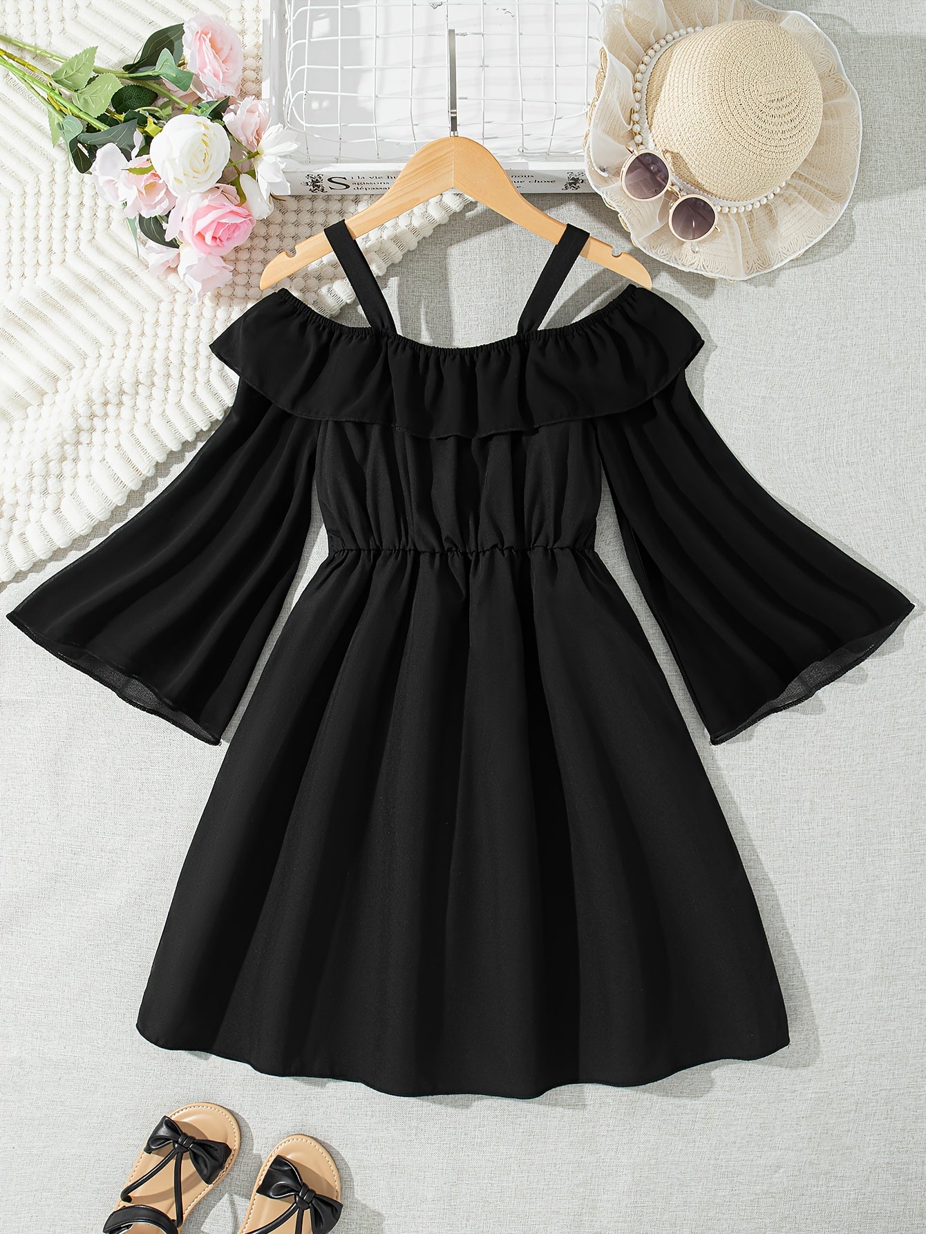 Girls Black Chiffon Dress with Off-Shoulder Ruffle Detail for Summer Casual Wear