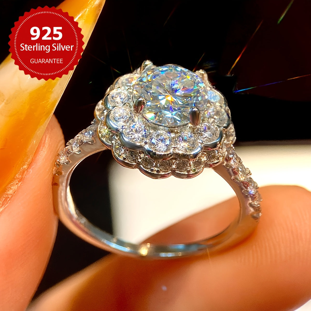 1 Carat Moissanite Engagement Ring in Sterling Silver Wedding Band for Her