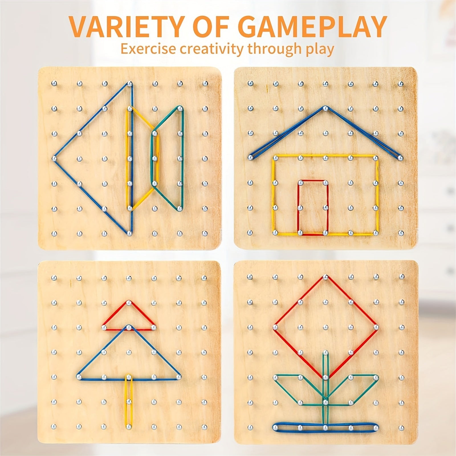 Educational Wooden Geometric Board Set for Kids Ages 3-6 with Pattern Cards and Rubber Bands