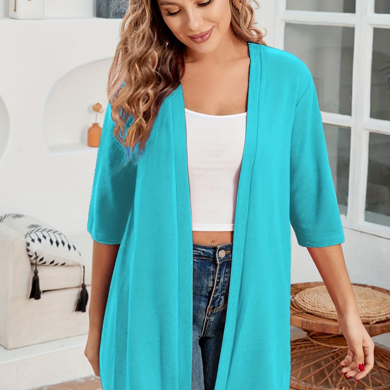 Plus Size Women's Cardigan Open Front Solid Color Half Sleeve Fall Winter