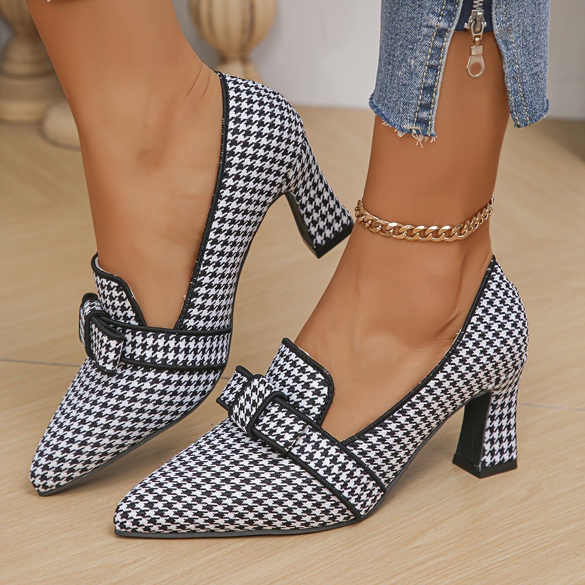 Women's Houndstooth Pumps with Bow Pointed Toe Block Heels Office Shoes