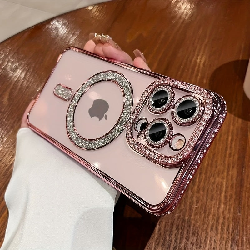 Magnetic Rhinestone Phone Case for iPhone 11-16 TPU Wireless Charging Magsafe Lens Protection