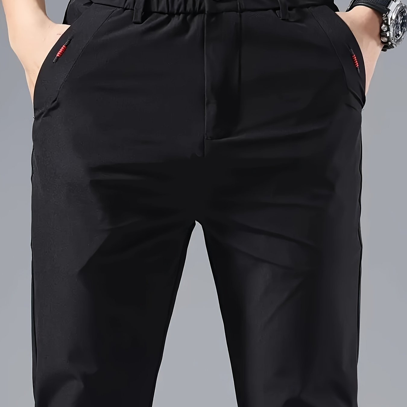 Men's Slim Fit Casual Pants Nylon Fabric Zipper Waist Pockets Embroidered Summer