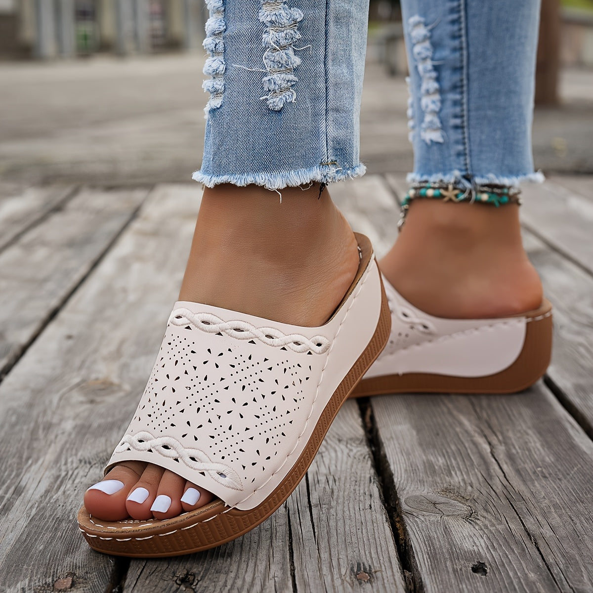Women's Solid Color Platform Sandals Open Toe Slip-On Summer Lightweight