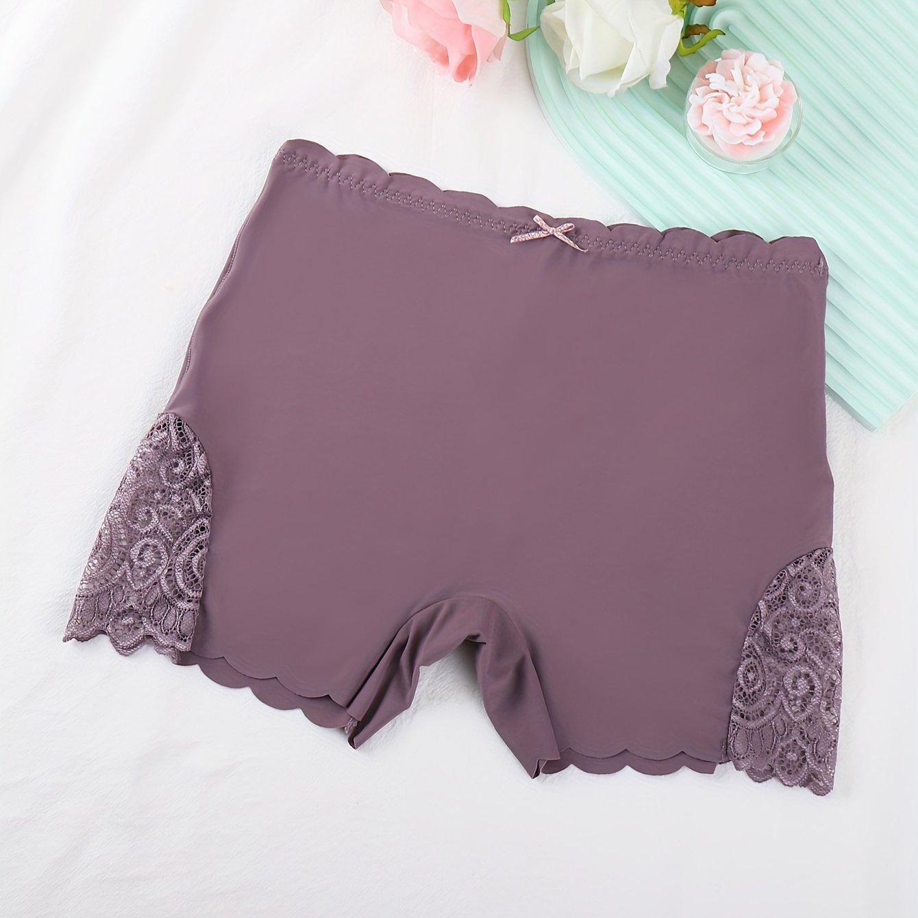 Black Nylon Blend Boyshort Panties for Women with Lace Detail Mid-Rise Non-See-Through