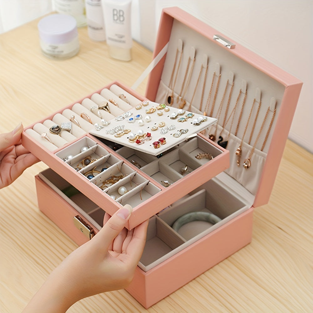 Luxury Faux Leather Jewelry Box with Dual-Layer Storage and Key Lock