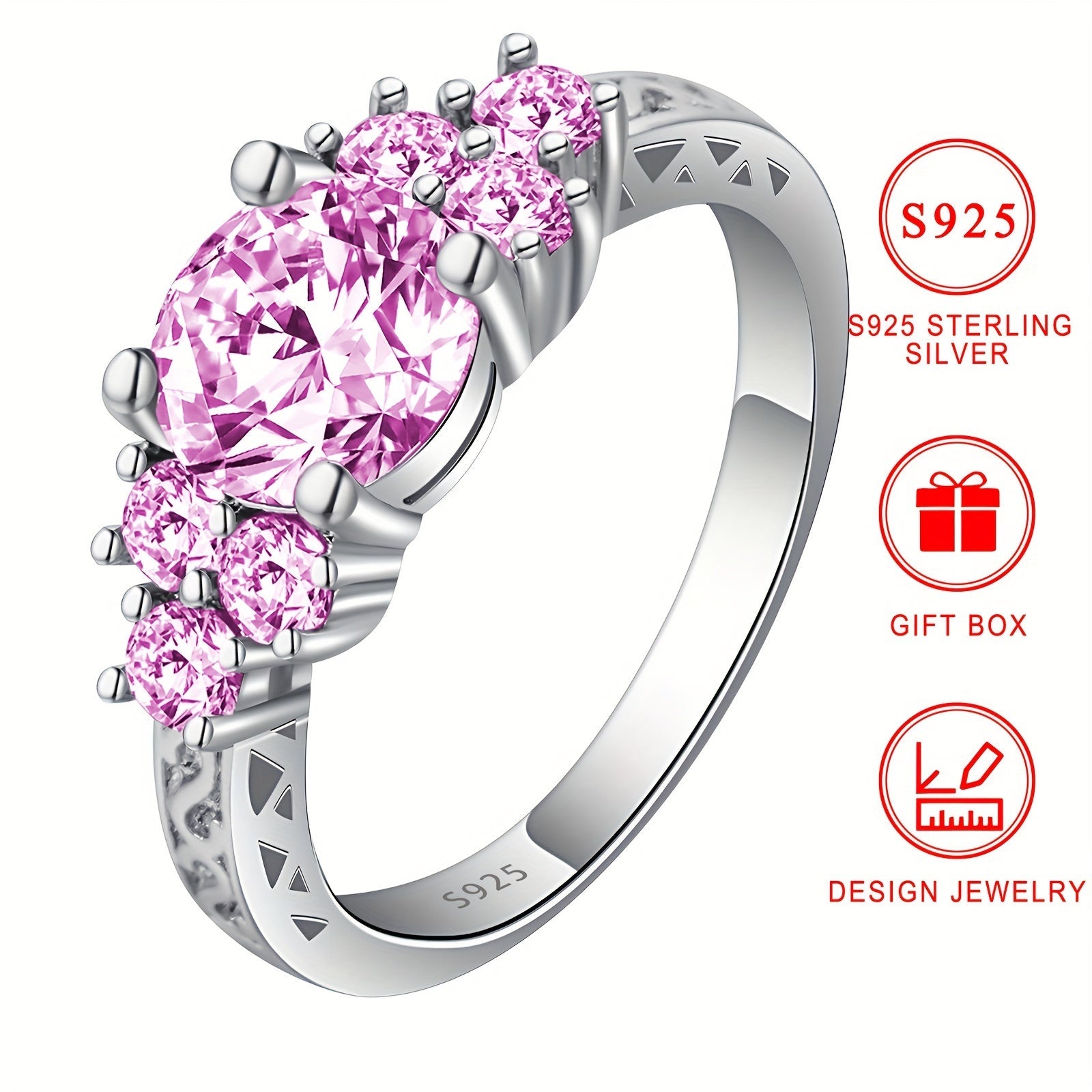 Sterling Silver Promise Ring with Pink Cubic Zirconia for Engagement or Wedding