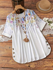 Plus-Size Women's Short Sleeve Floral T-Shirt with Printed Buttons and Crew Neck
