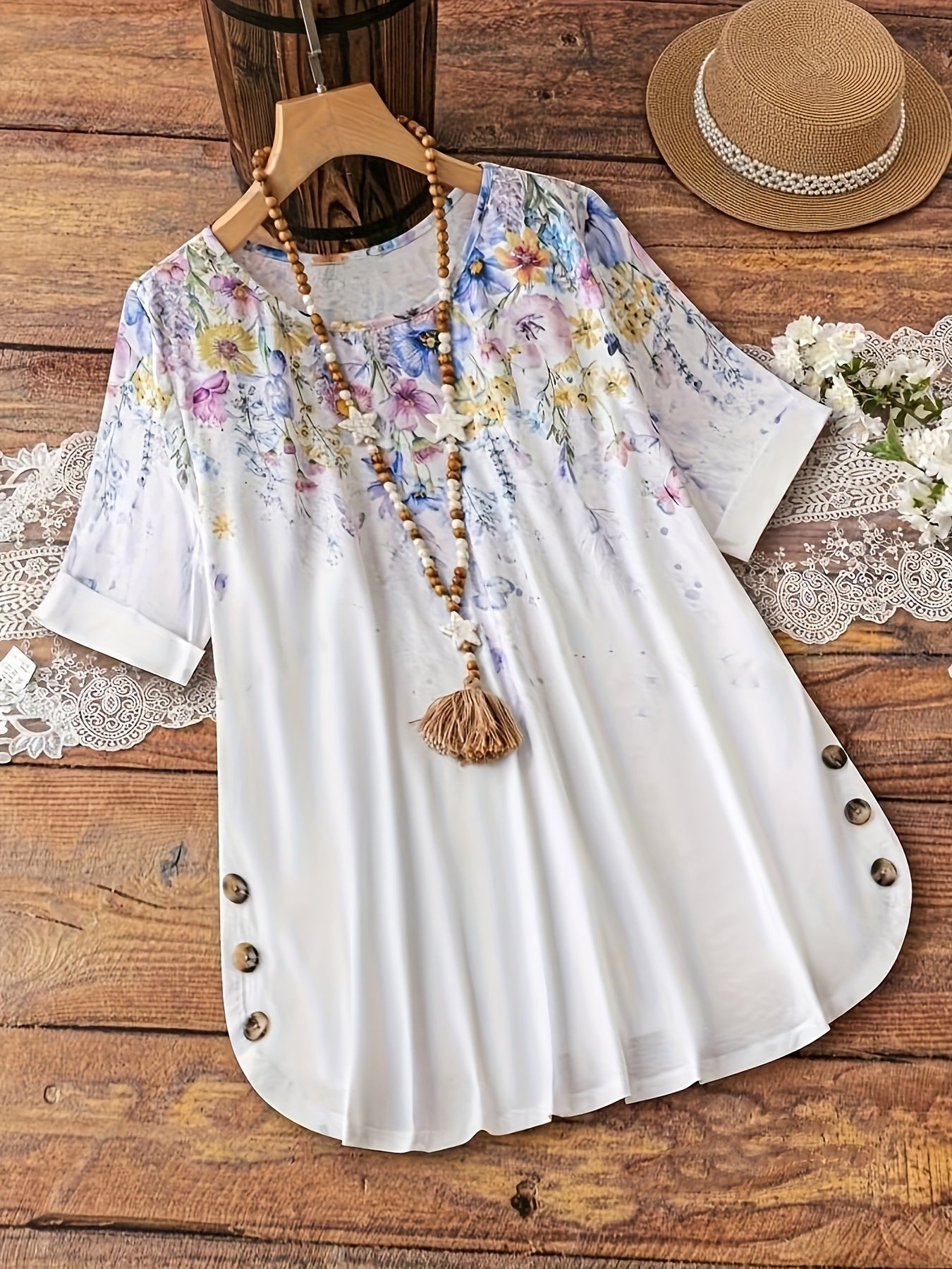 Plus-Size Women's Short Sleeve Floral T-Shirt with Printed Buttons and Crew Neck