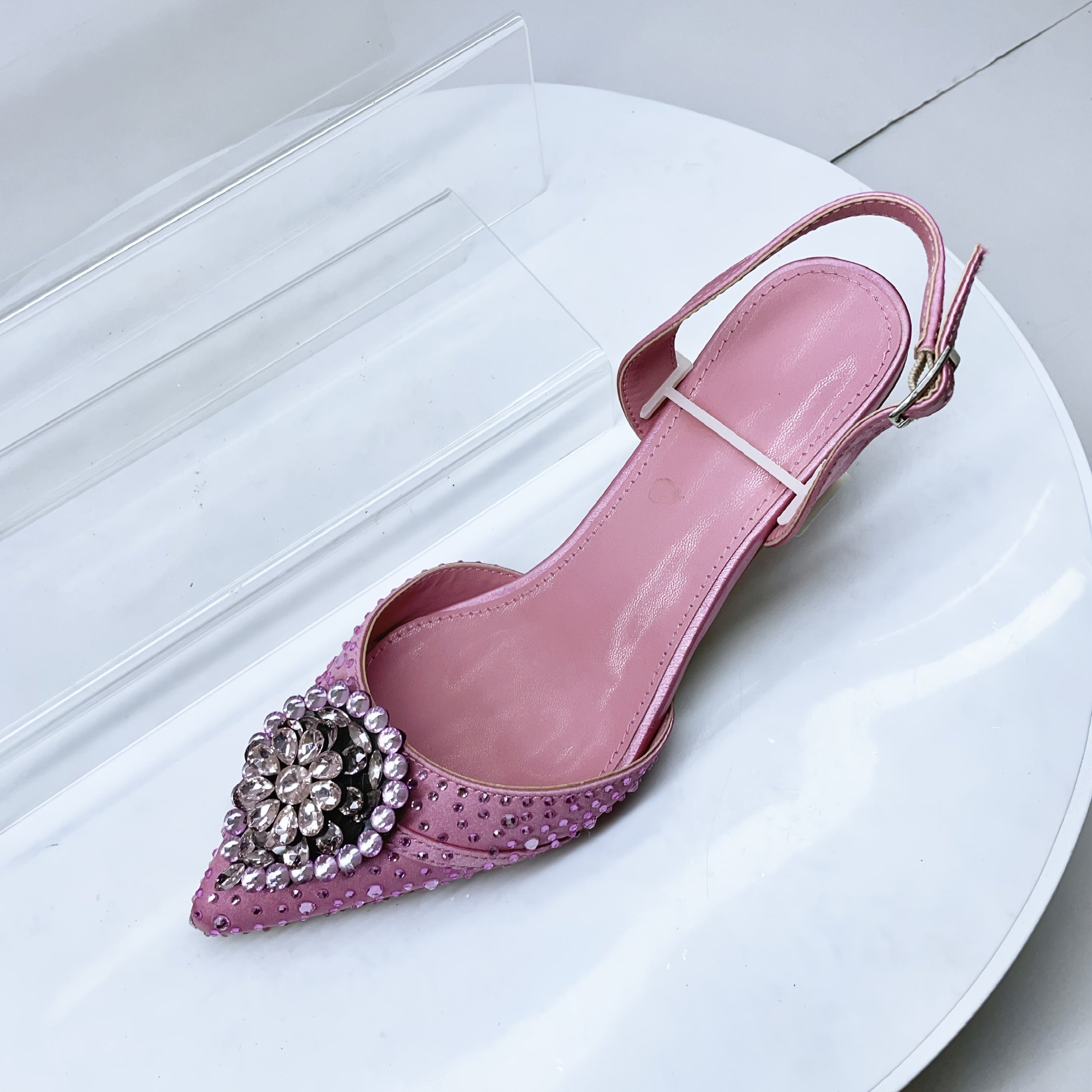 Women Purple Pointed Toe Flare Heel Shoes with Rhinestones for Weddings