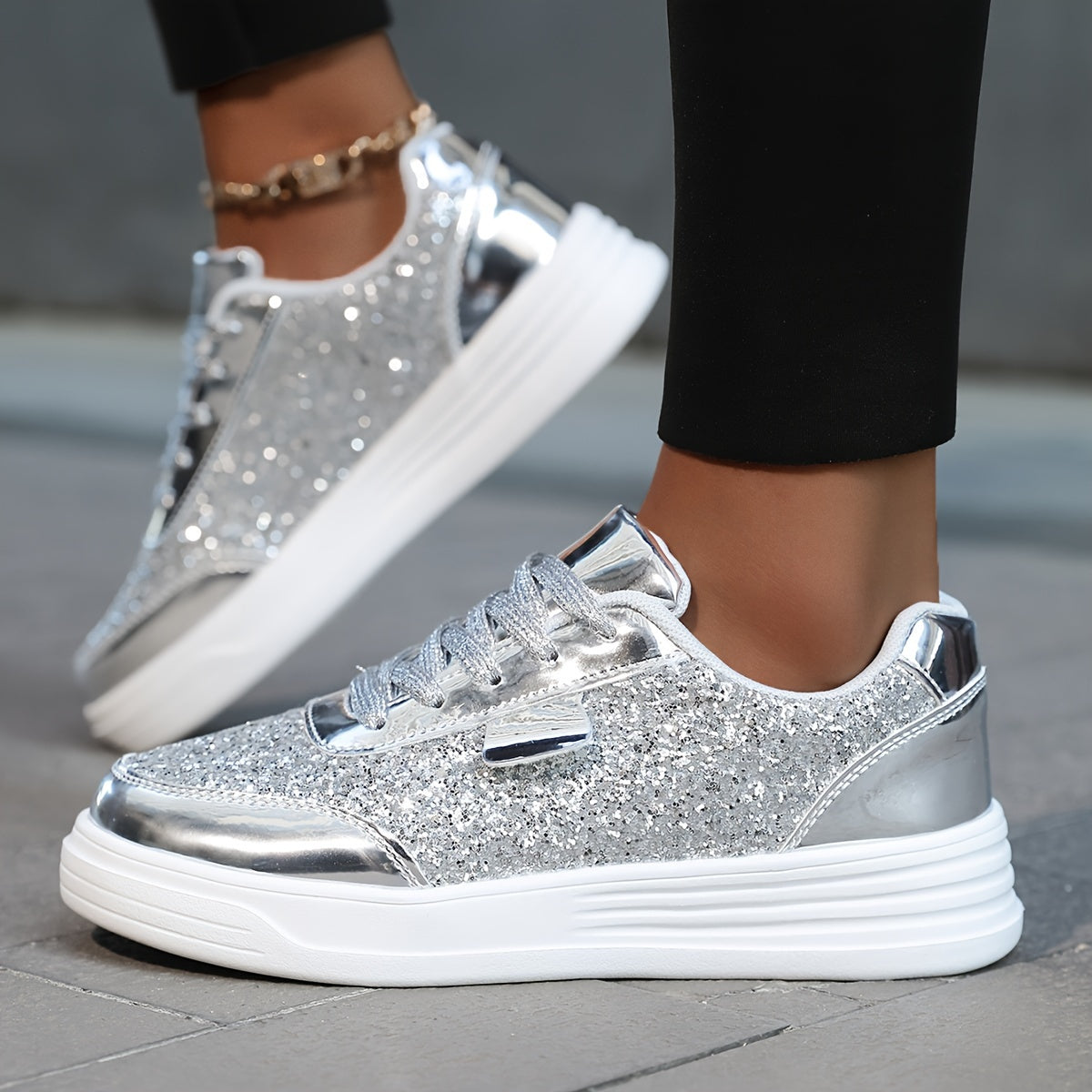 Zapatillas de lentejuelas brillantes para mujer, color dorado y blanco, de caña baja, calzado casual para skate