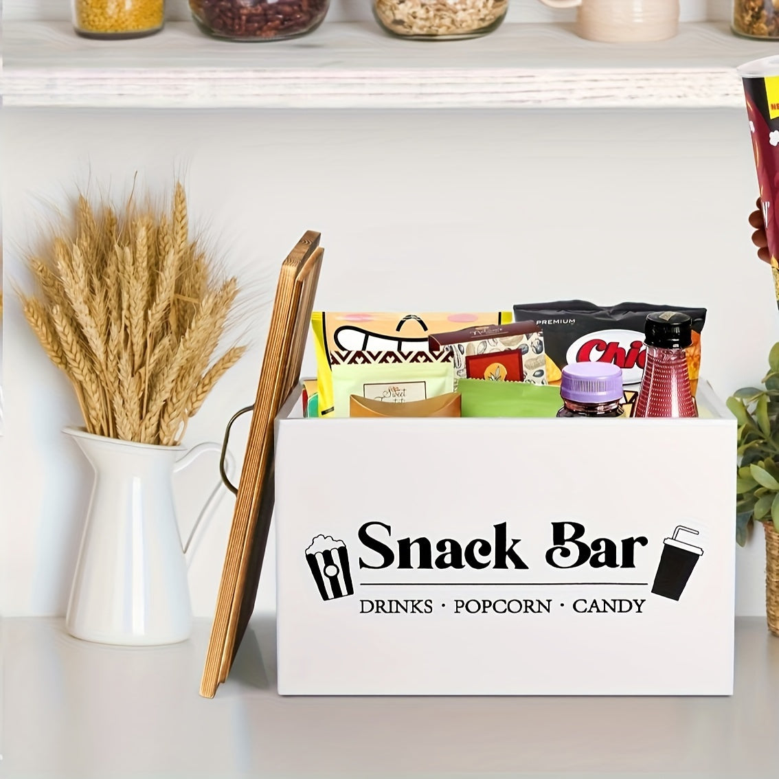 Wooden Snack Organizer Basket with Handles for Kitchen Pantry Countertop Storage
