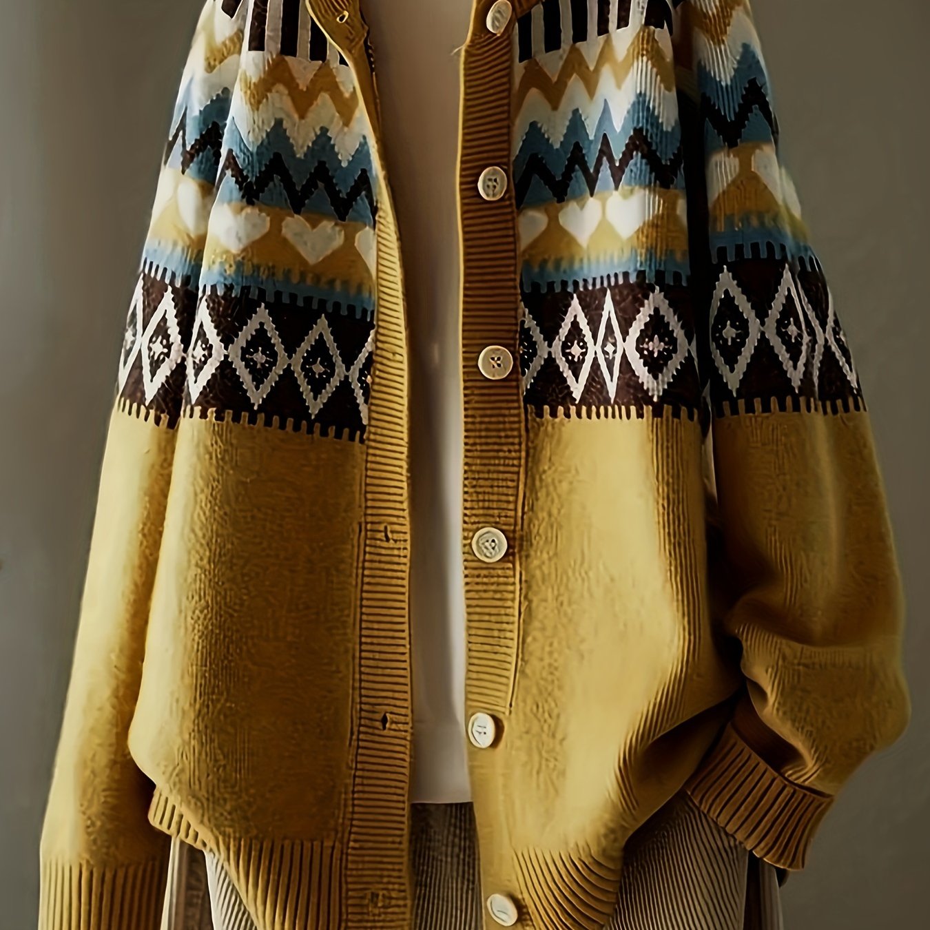 Women's Plus Size Ethnic Geometric Button Front Cardigan Long Sleeve Sweater Fall Winter