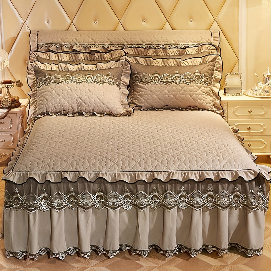 3-Piece Solid Color Quilted Love Quilt Set with Lace Bed Skirt and Pillowcases