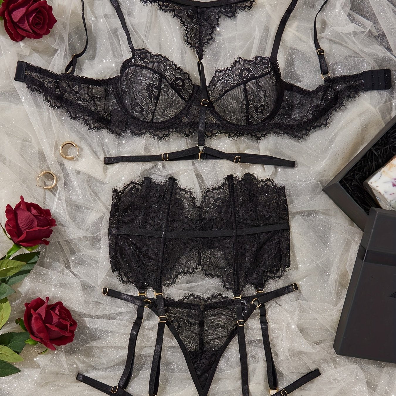 See-Through Lace Lingerie Set for Women with Bra and Thong