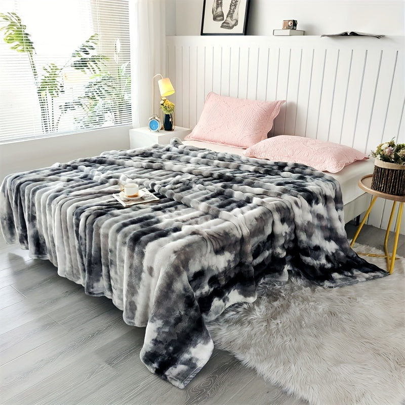 Faux Rabbit Fur Bed Blanket Tie-Dye Plush Flannel Dual Layer Cozy for Sofa Bed