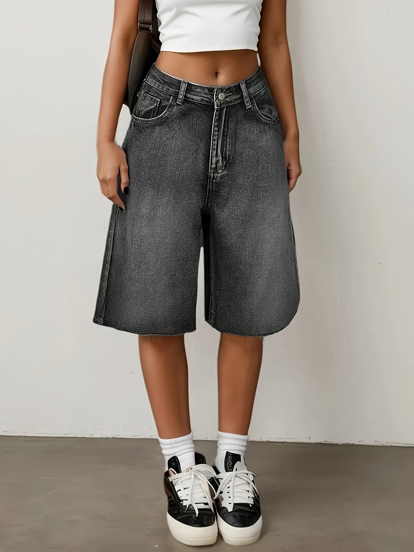 Plus Size Women's Denim Shorts Water-Washed Blue Frayed Hem Casual