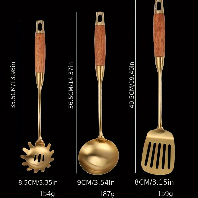 Set of 6 Golden Stainless Steel Kitchen Utensils Spatula Ladle Slotted Turner