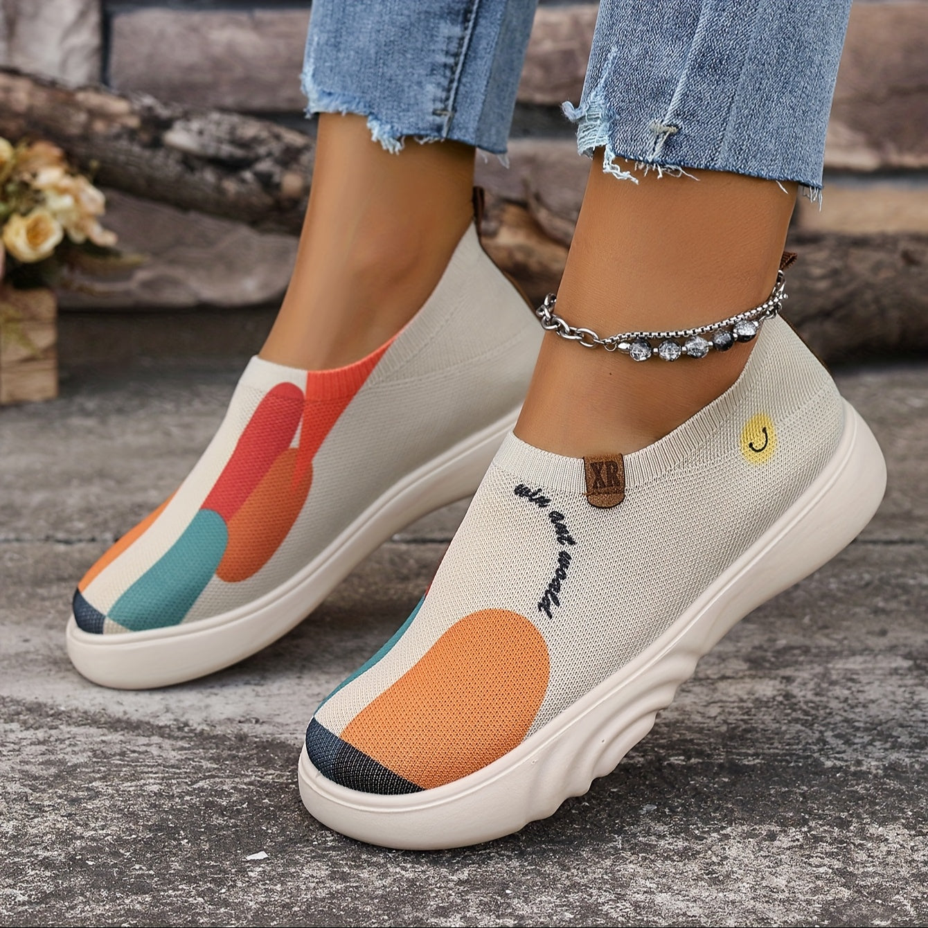 Women's Slip-On Sneakers with Colorful Block Heel Casual Shoes