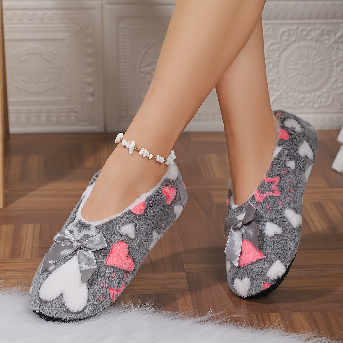 Ayollar uchun paxta ichki chanoq poyabzallari, yurak va yulduz naqshlari bilan, kundalik kiyish uchun qulay, kirib chiqadigan, issiq ichki qavatli poyabzal