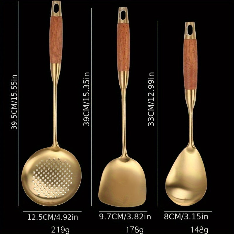 Set of 6 Golden Stainless Steel Kitchen Utensils Spatula Ladle Slotted Turner