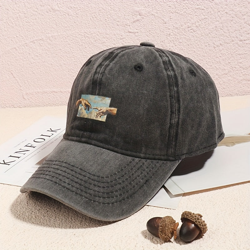 Vintage Oil Painting Print Baseball Cap Breathable Polyester Adjustable Fit Casual Embroidery