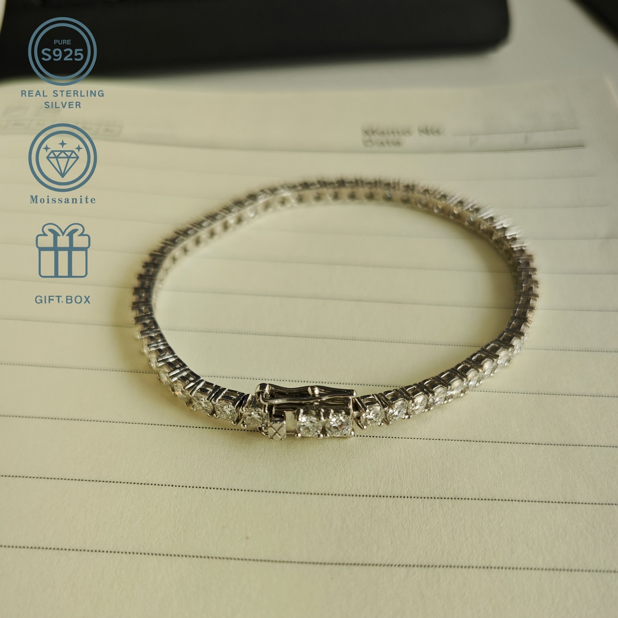 Серебряный теннисный браслет с белым моиссанитом D-Grade 0,1 карата, камень декабря, платиновое покрытие