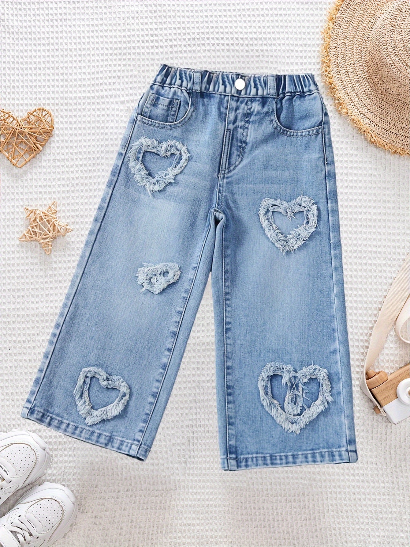 Девочки Детские джинсы с сердечным патчем, прямые, с эластичным поясом и растяжимым денимом