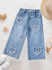 Девочки Детские джинсы с сердечным патчем, прямые, с эластичным поясом и растяжимым денимом