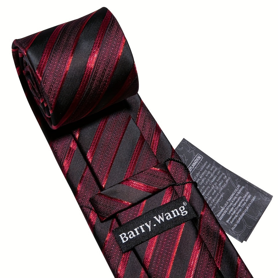 Men's Classic Striped Tie Set with Matching Handkerchief and Cufflinks for Formal and Casual Wear