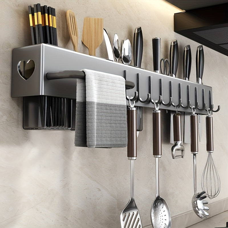 Wall-Mounted Kitchen Utensil Holder with Hooks, Metal and Plastic Storage Rack