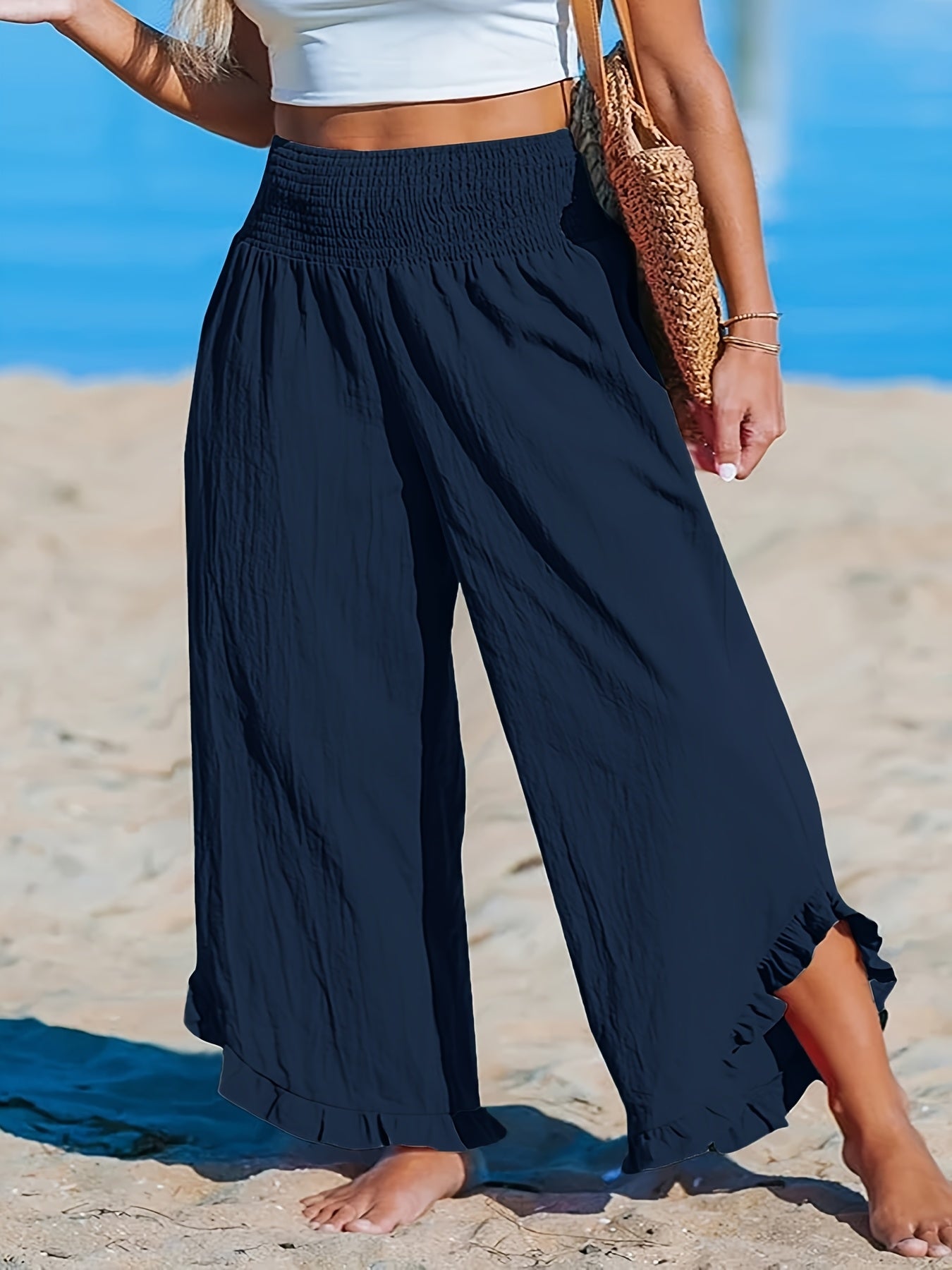 Plus Size Women's Olive Green Wide Leg Pants Elastic Waist Ruching Casual Trousers