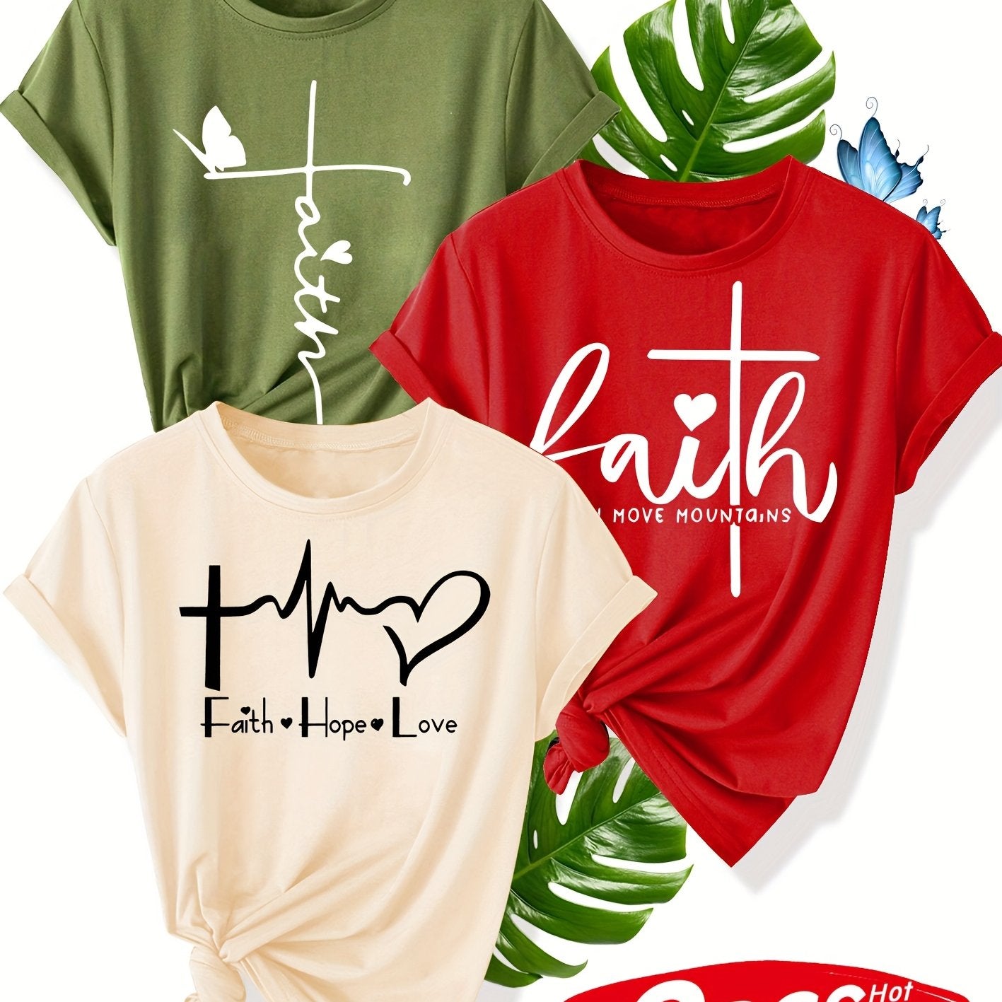 Pack de 3 camisetas gráficas de fe para mujer de manga corta con cruz y corazón para verano casual