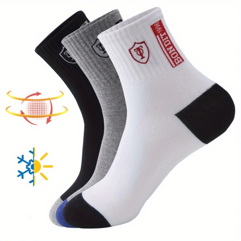 Men's Cotton Sports Socks 6 Pairs Sweat-Wicking Embroidered Knit Mixed Colors Machine Washable