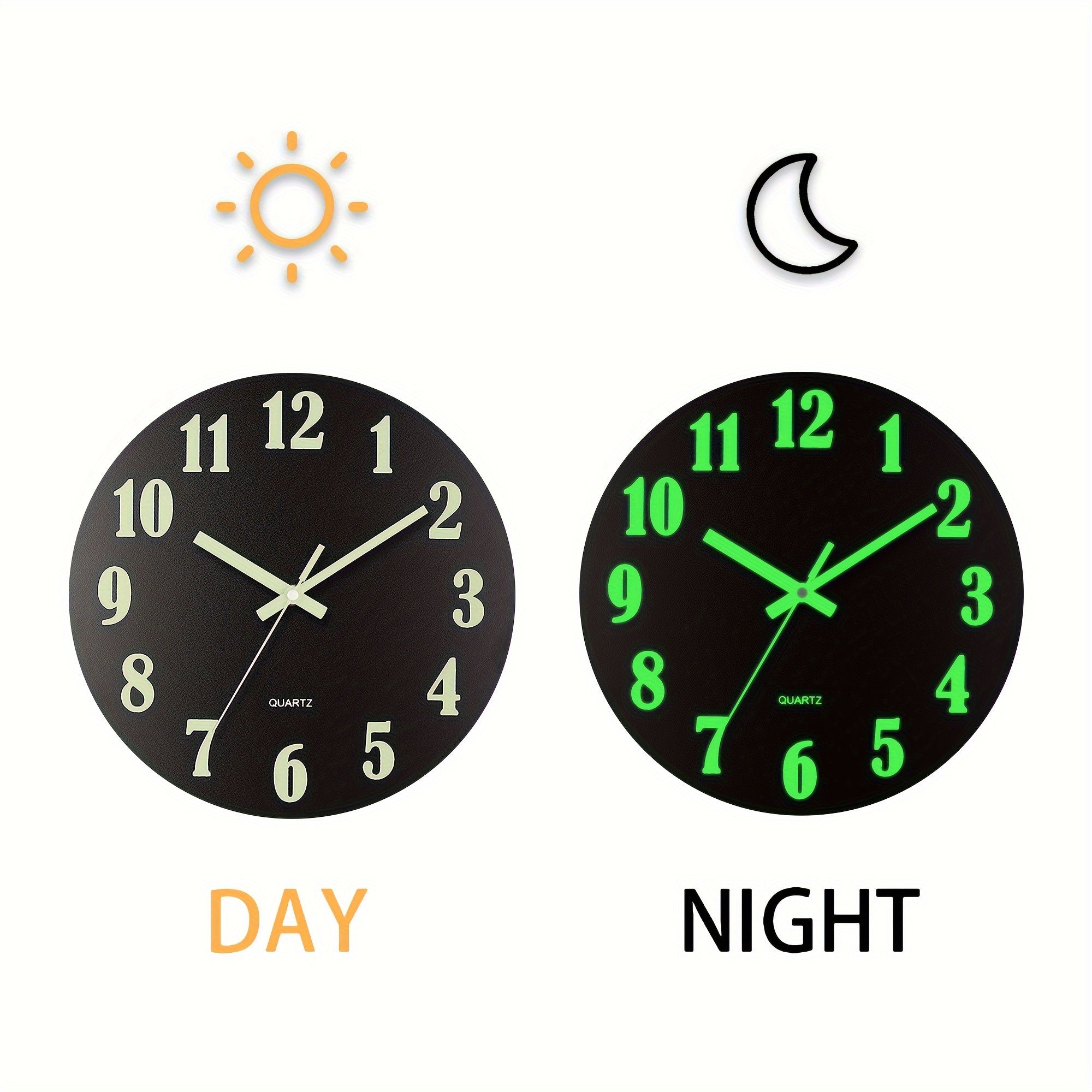 Black Glow-in-the-Dark Wall Clock with Retro Design and Silent Movement