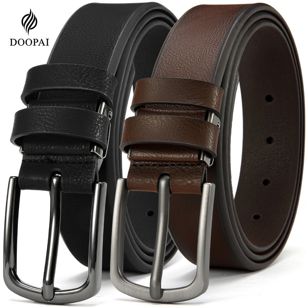 Men's Genuine Leather Belts Adjustable 3.17cm Width Square Buckle for Jeans Dress Pants Black Brown Set