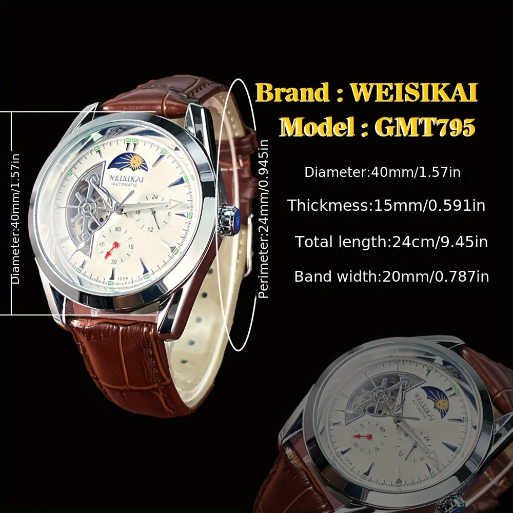 Men's Mechanical Watch with Moon and Star Design Automatic Leather Strap Business Style