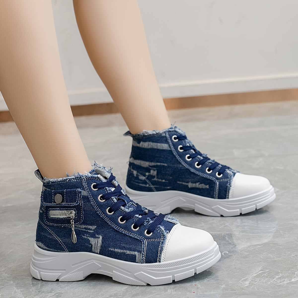 Women's Casual High-Top Sneakers with Thick PVC Sole and Breathable Denim